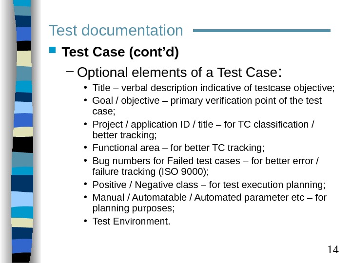  14 Test documentation Test Case (cont’d) – Optional elements of a Test Case : 