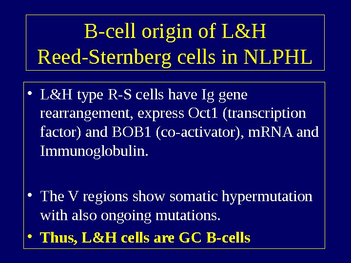   B-cell origin of L&H Reed-Sternberg cells in NLPHL • L&H type R-S cells have