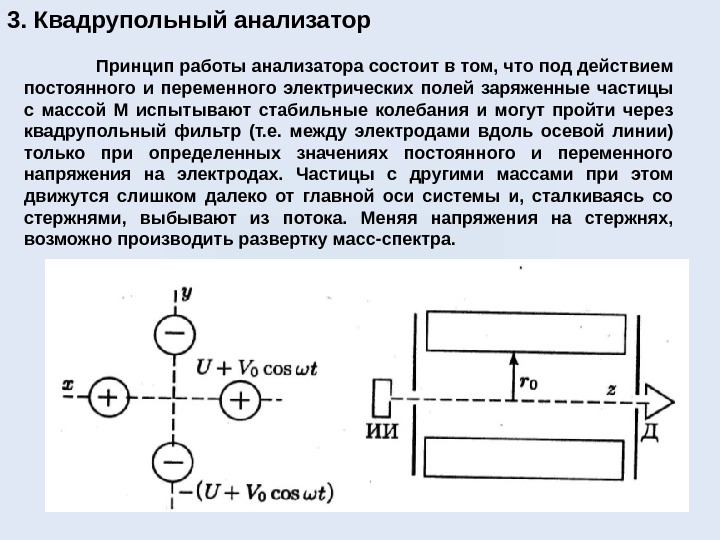 3. Квадрупольный анализатор Принцип работы анализатора состоит в том, что под действием постоянного и переменного электрических