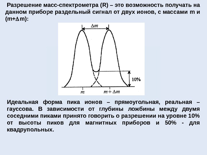  Разрешение масс-спектрометра ( R) – это возможность  получать на данном приборе раздельный сигнал от