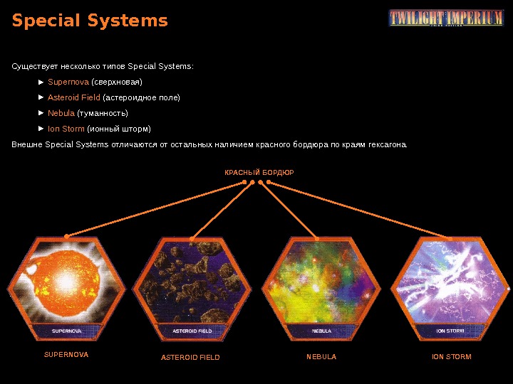 Special Systems Существует несколько типов Special Systems : ►  Supernova (сверхновая ) ►  Asteroid