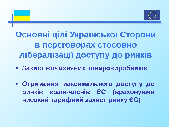 Основні цілі Української Сторони в переговорах стосовно лібералізації доступу до ринків • Захист вітчизняних товаровиробників •