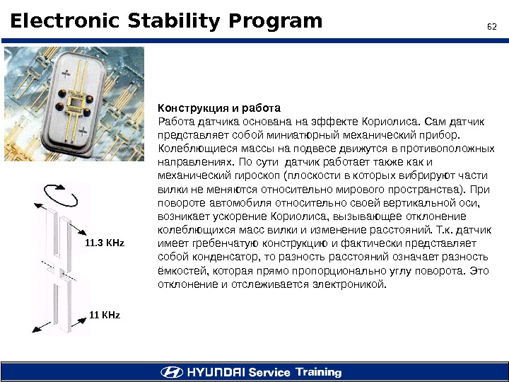 62 Electronic Stability Program Конструкция и работа Работа датчика основана на эффекте Кориолиса. Сам датчик представляет