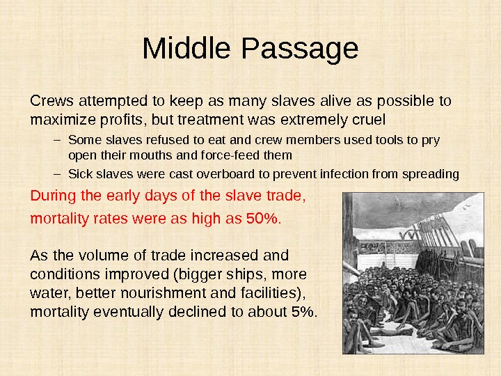 Middle Passage Crews attempted to keep as many slaves alive as possible to maximize profits, but