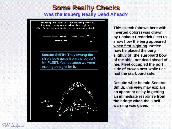 Some Reality Checks Was the Iceberg Really Dead Ahead? This sketch (shown here with inverted colors)