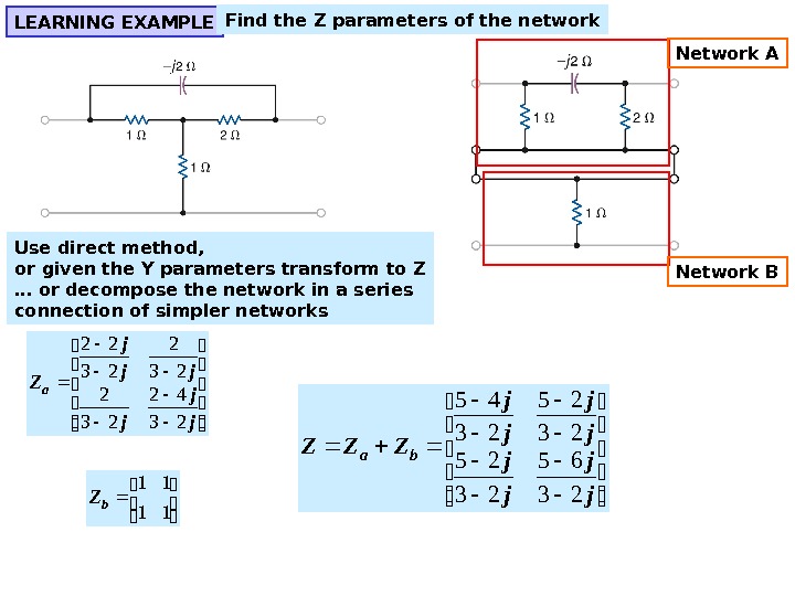 LEARNING EXAMPLE Find the Z parameters of the network Network A Network BUse direct method, or
