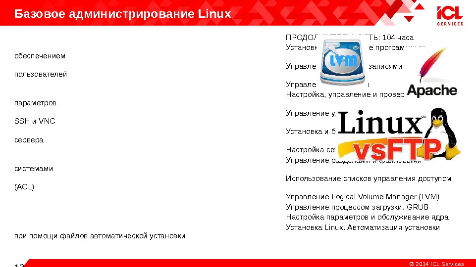 Copiright 13 © 2014  ICL Services. Базовое администрирование Linux ПРОДОЛЖИТЕЛЬНОСТЬ: 104 часа Установка и управление