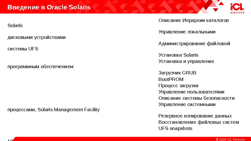 Copiright 19 © 2014  ICL Services. Введение в Oracle Solaris Описание Иерархии каталогов Solaris Управление