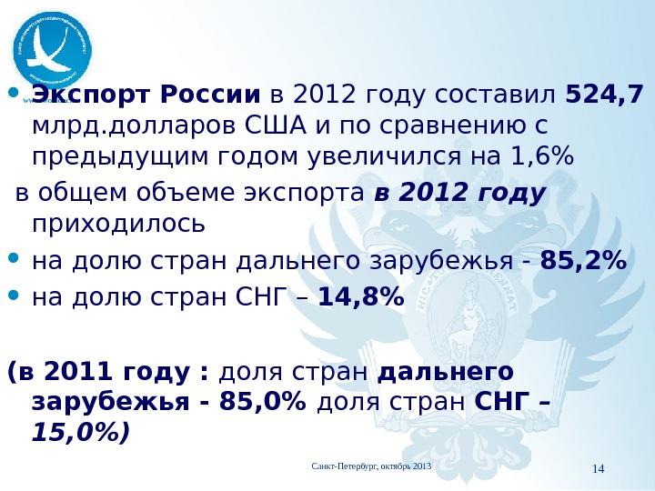 www. worldec. ru Экспорт России в 2012 году составил 524, 7  млрд. долларов США и