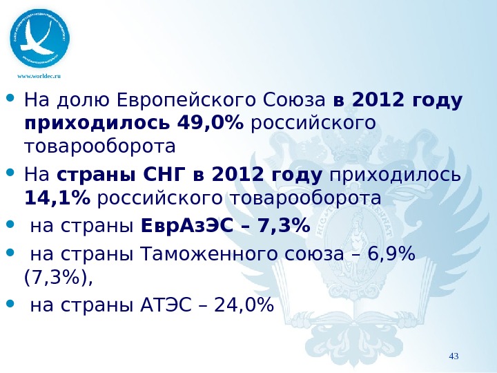 www. worldec. ru На долю Европейского Союза в 2012 году приходилось 49, 0 российского товарооборота На