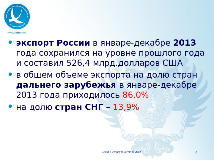 www. worldec. ru экспорт России в январе-декабре 2013  года сохранился на уровне прошлого года и