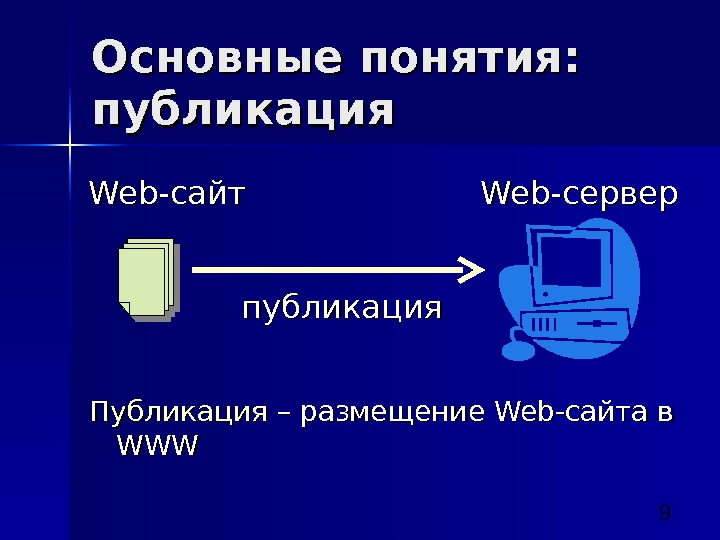 9 Основные понятия:  публикация Публикация – размещение Web -сайта в WWWWWWWeb. Web -сайт Web -сервер