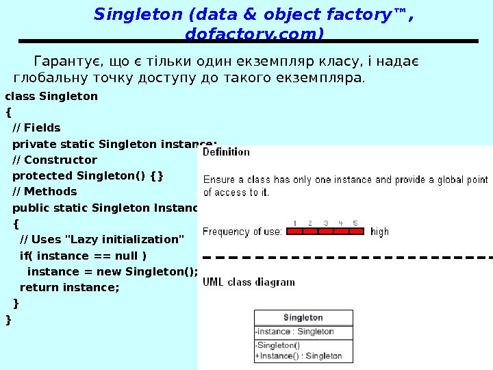Patterns 15 Singleton  ( data & object factory™,  dofactory. com ) Гарантує, що є