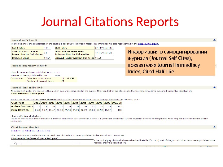Journal Citations Reports Информация о самоцитировании журнала (Journal Self Cites) ,  показателях Journal Immediacy Index,