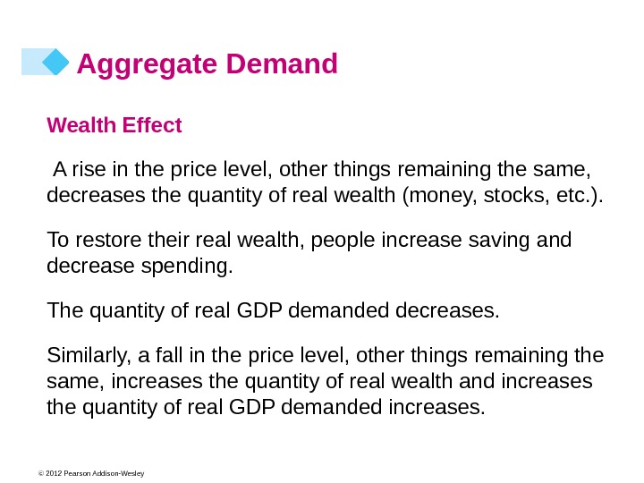 © 2012 Pearson Addison-Wesley Aggregate Demand Wealth Effect  A rise in the price level, other