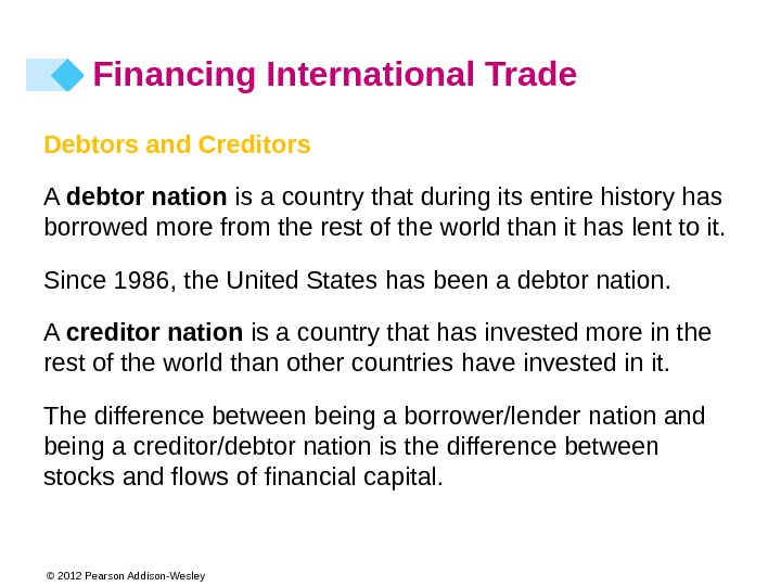 © 2012 Pearson Addison-Wesley. Debtors and Creditors A debtor nation is a country that during its