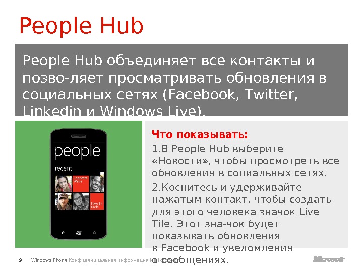 Windows Phone Конфиденциальная информация Майкрософт. Что показывать: 1. В People Hub выберите  «Новости» , чтобы