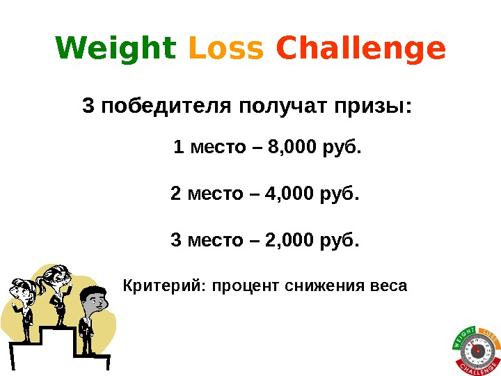 Weight Loss  Challenge 3 победителя получат призы: 1 место – 8 , 000 руб. 2