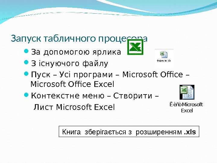 Запуск табличного процесора За допомогою ярлика З існуючого файлу Пуск – Усі програми – Microsoft Office
