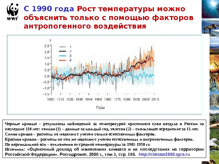 Черные кривые – результаты наблюдений за температурой приземного слоя воздуха в России за последние 110 лет:
