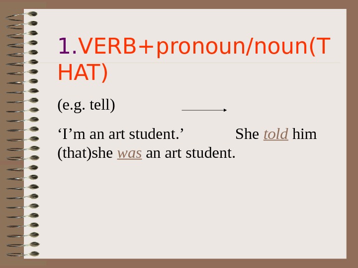   1. VERB+pronoun/noun(T HAT) (e. g. tell) ‘ I’m an art student. ’  