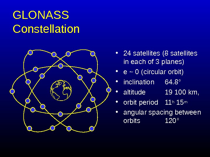   GLONASS Constellation • 24 satellites (8 satellites in each of 3 planes) • e