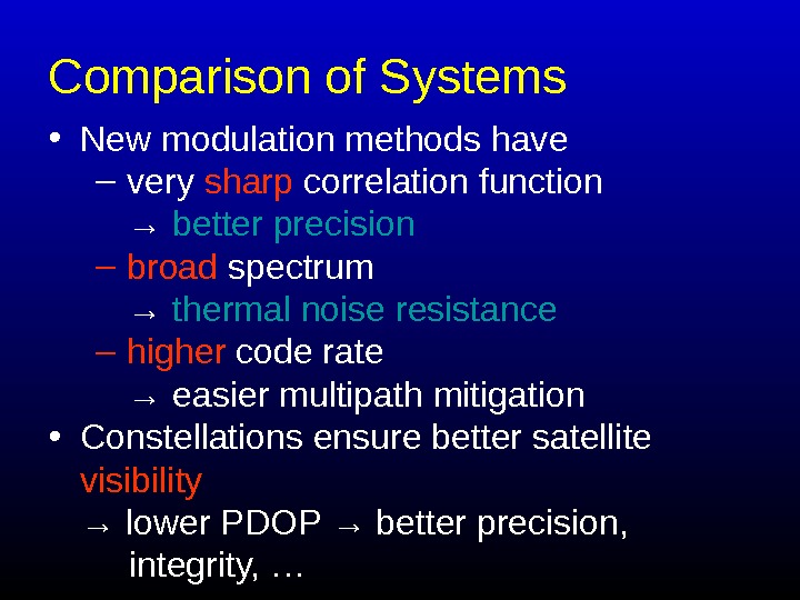   Comparison of Systems • New modulation methods have – very sharp correlation function →