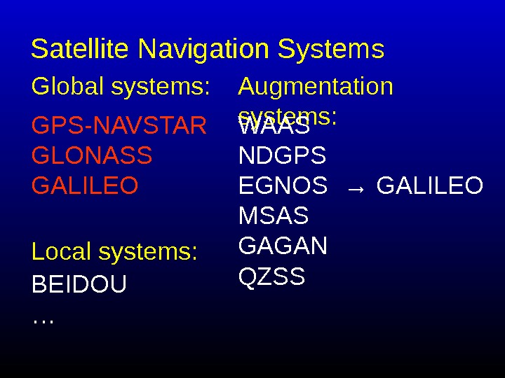   Satellite Navigation System s  GPS-NAVSTAR GLONASS GALILEO Global systems: Local systems: Augmentation systems: