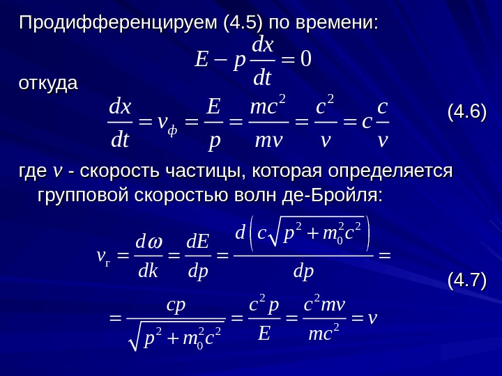 4 скорость частицы. Фазовая и групповая скорости волн де Бройля. Групповая скорость волны де Бройля. Продифференцировать. Фазовая скорость волны де Бройля.