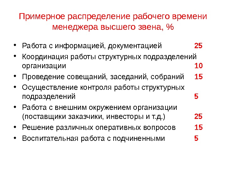 Рабочее время руководителей. Распределение рабочего времени. Распределение рабочего времени менеджера. Рабочее время менеджера. Обязанности и рабочее время менеджера высшего звена.