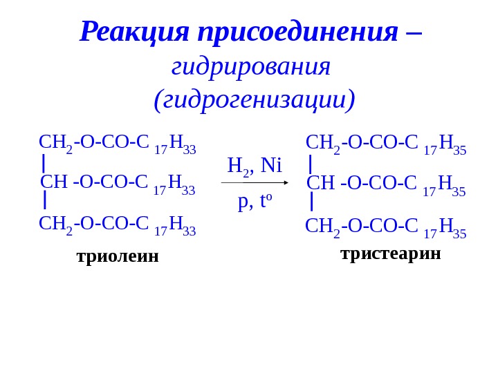 Триолеин+h2. Химические реакции гидрирование. Реакция гидрогенизации. Реакции гидрогенизации липидов.