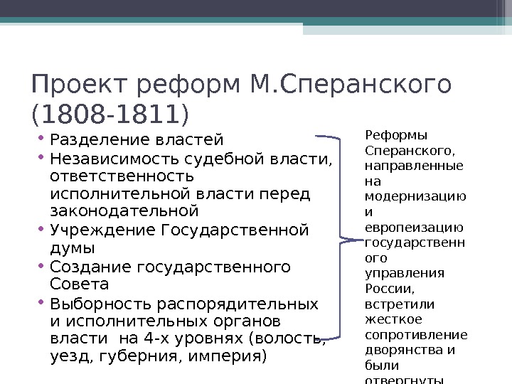 Разработка сперанским проекта реформ