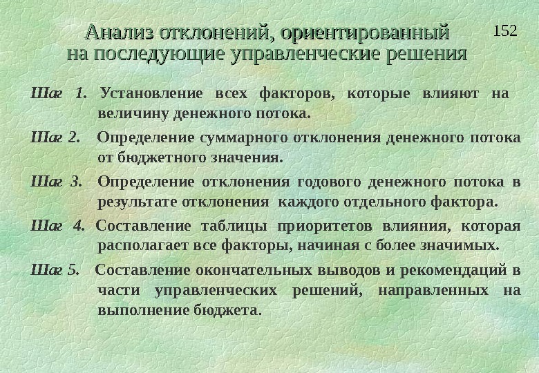 Анализ отклонения от плана проводят по следующей методике тест