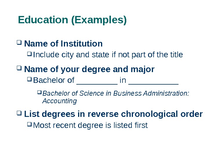 Example of education. Education примеры. Examples of institution. Degree title example. Institution name.