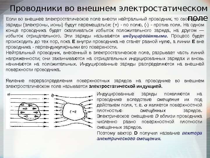 Поле в проводнике. Распределение заряда на поверхности проводника. Поведение проводника во внешнем электрическом поле. Проводники во внешнем электростатическом поле. Распределение электрических зарядов в проводниках.