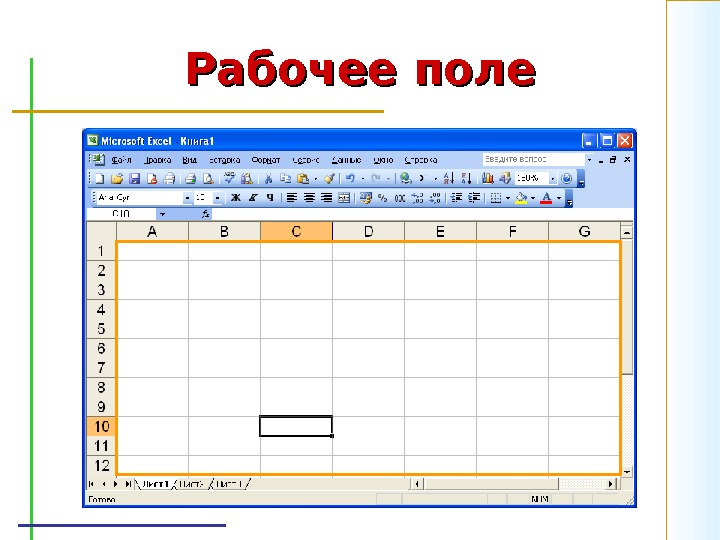 Рабочие в поле. Основные элементы интерфейса. Что делает рабочее поле. Строка меню в электронной таблице. Основные элементы элементы интерфейса.