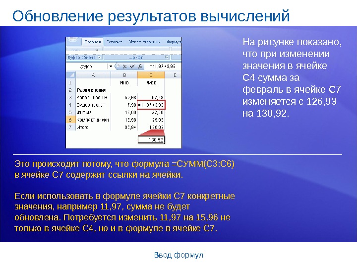 Информация обновится. Изменение значений данных. Что такое [] при вычислении. Как изменится результат вычисления при изменении компонентов. При вычислениях по известным формулам.