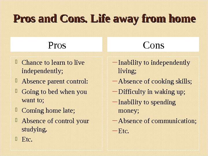 Pros and cons. Таблица Pros and cons. Pros and cons расшифровка. Презентация Homeschooling Pros and cons. Pros and cons of Living away from Home.