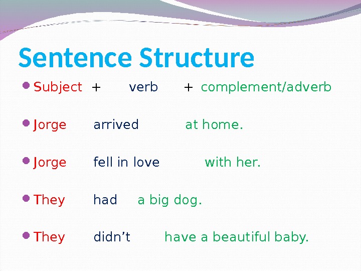 Sentence Structure Subject + verb + complement/adverb Jorge arrived at home...