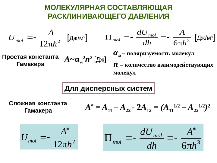 Составляющая молекулы. Расклинивающее давление в коллоидной химии. Молекулярная составляющая расклинивающего давления. Составляющие расклинивающего давления. Константа Гамакера.