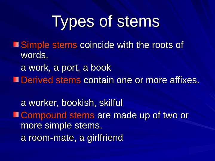 Give a word. Stems. Types of Stems.. Derived Stems. Simplified Stems. Compound simple derived Stems.