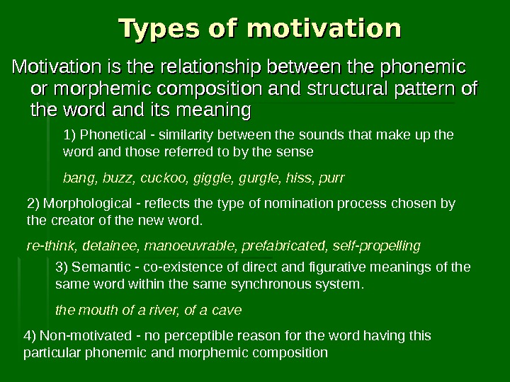 Type the word ответы. Types of Motivation. Types of Word meaning презентация. Word meaning and Motivation Lexicology. Phonetic, morphological and semantic Motivation of Words.