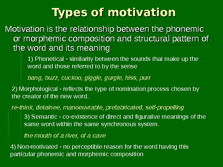 Types of word meaning. Types of Motivation. Types of Word meaning презентация. Word meaning and Motivation Lexicology. Phonetic, morphological and semantic Motivation of Words.