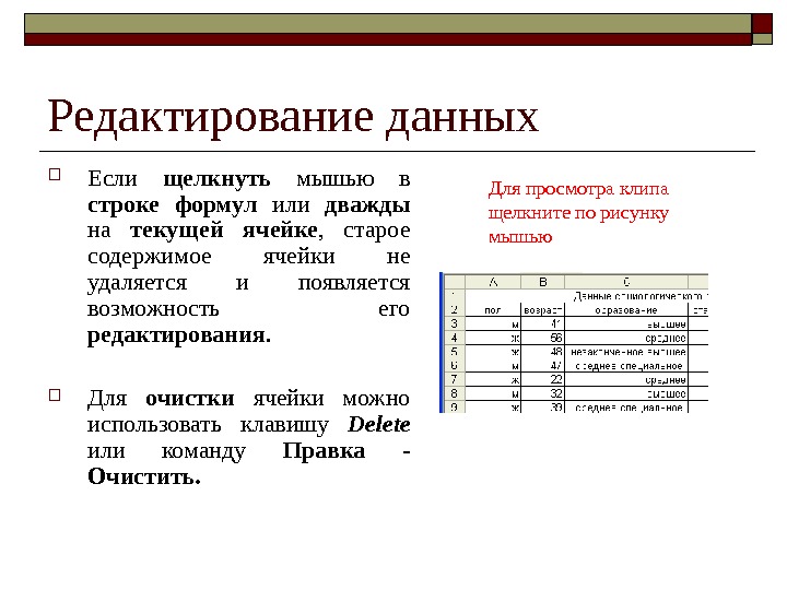 Редактирование данных. Редактирование содержимого ячейки. Содержимое ячейки. Способы редактирования содержимого ячеек.