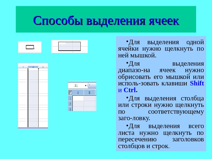 Используется для выделения всех объектов на странице. Для выделения ячейки необходимо. Способы выделения ячеек. Выделение блока ячеек. Способы выделения ячеек блоков ячеек.