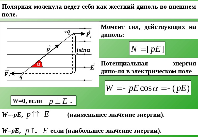 Момент электрических сил. Электрический диполь во внешнем электрическом поле. Диполь во внешнем электростатическом поле. Вращающий момент действующий на электростатический диполь. Энергия диполя во внешнем электростатическом поле.