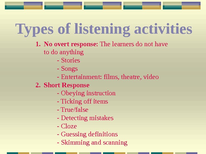 Listening descriptions. Listening activities. Techniques of teaching Listening skills. Types of Listening. Types of Listening skills.