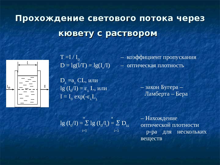 При пропускания через раствор. Коэффициент пропускания раствора. Прохождение светового потока через кювету с раствором. Пропускание светового потока. Оптическая плотность через коэффициент пропускания.