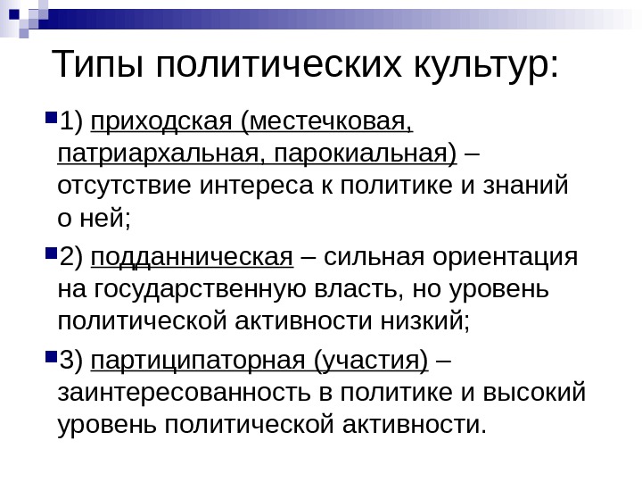 Запишите слово пропущенное в схеме политическая патриархальная подданническая участия