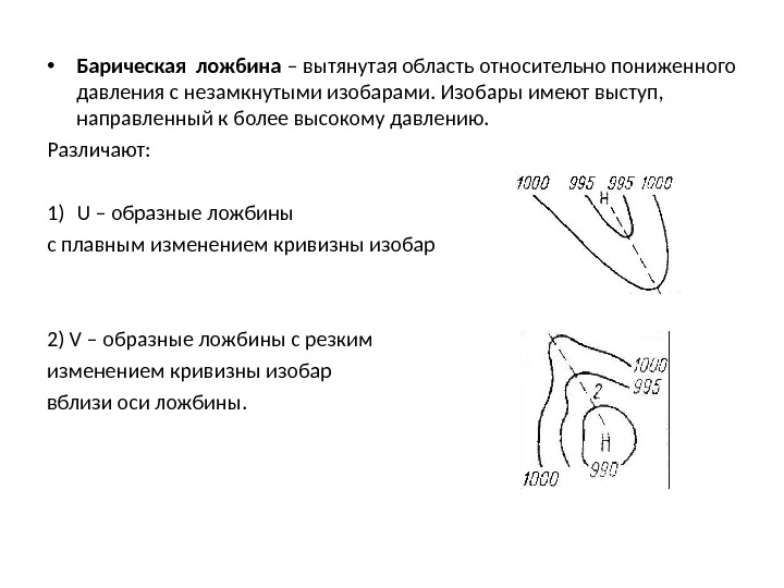 Ложбина. Барическая ложбина. Барическая система ложбина. Вытянутая область пониженного давления. Основные типы барических систем.